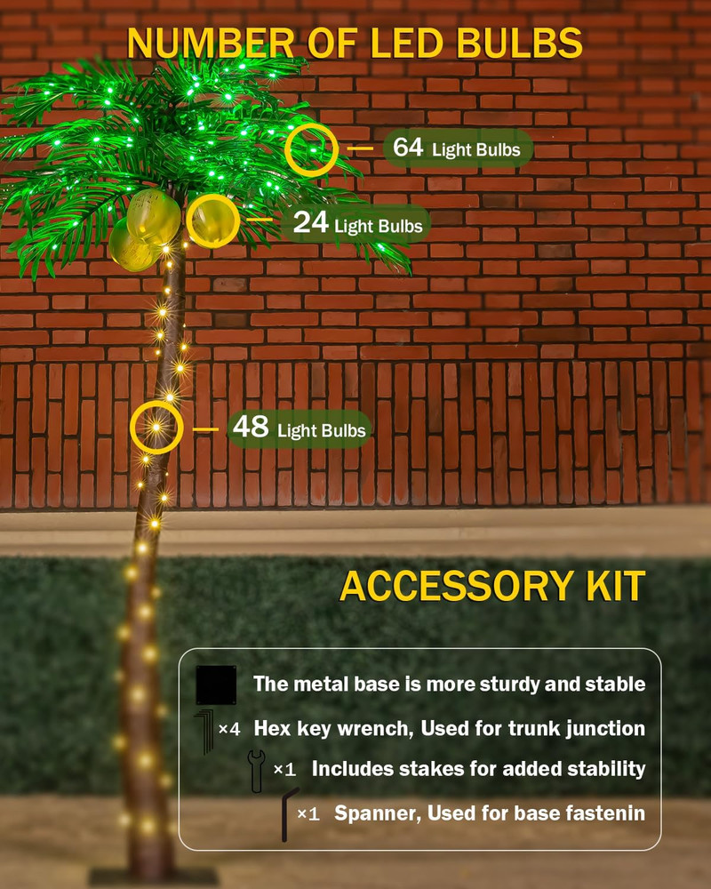 5Ft Lighted Palm Tree with Glowing Coconuts - Dimmable, UL Certified, Waterproof