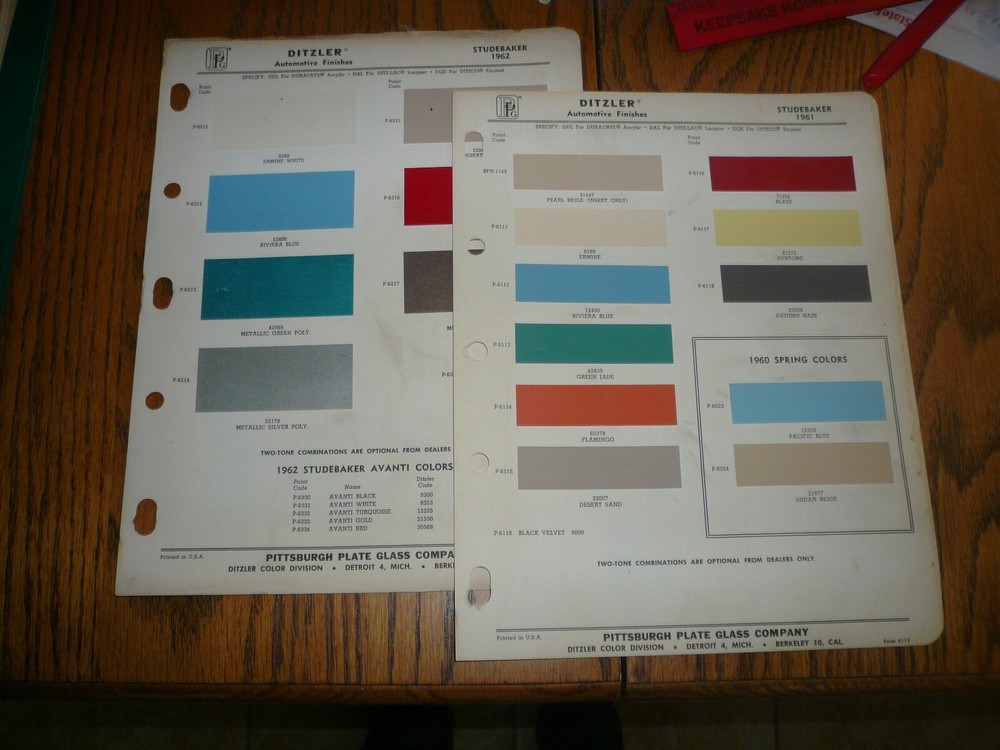 1961 1962 Studebaker Ditzler Color Chip Paint Samples - Two Years