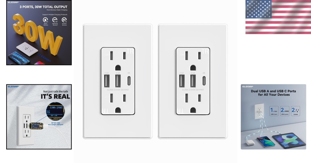 USB Electrical Outlet, 15A, 3-Port USB C, 2 Pack