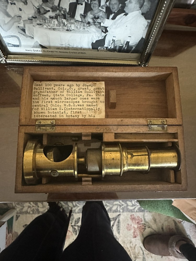 Antique Brass Field Microscope In Original Wood Box