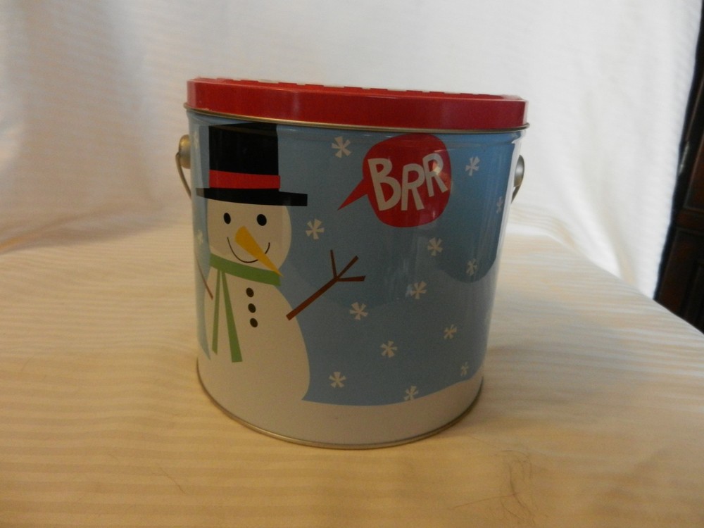 Decorative Round Metal Tin Multi-colored Snowman BRR With Handle