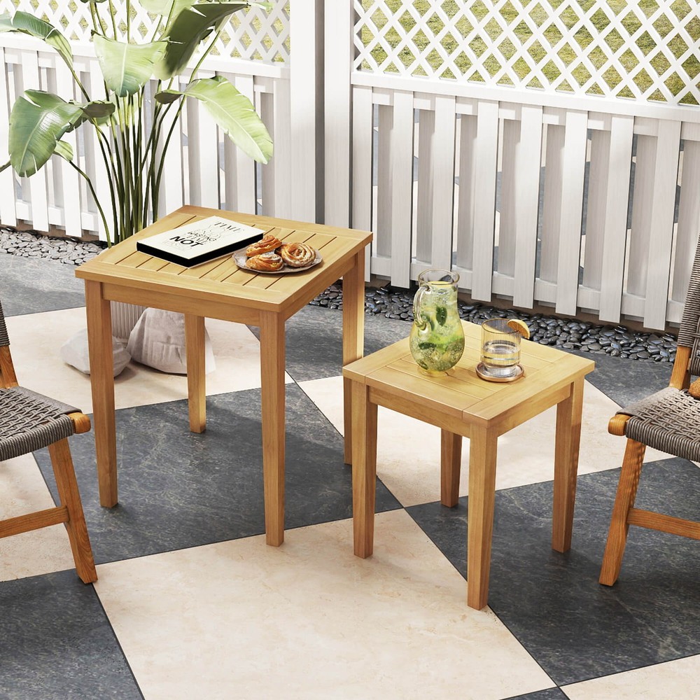 2 PCS Patio Nesting Table Teak Wood Outdoor Space Saving Design Square End Table