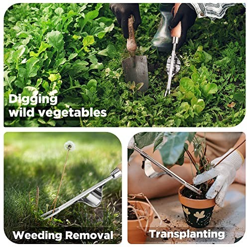 Weed Puller Tool Stainless Steel Hand Weeder V Fork Lever Base Wood Handle