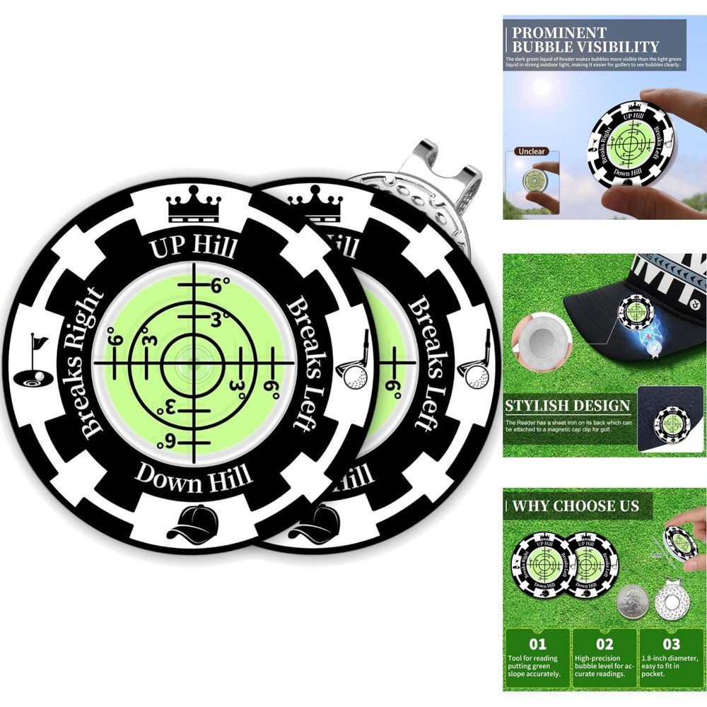 Golf Ball Marker Hat Clip 2 Pack Green Reader Bubble Level Putting Training Aid