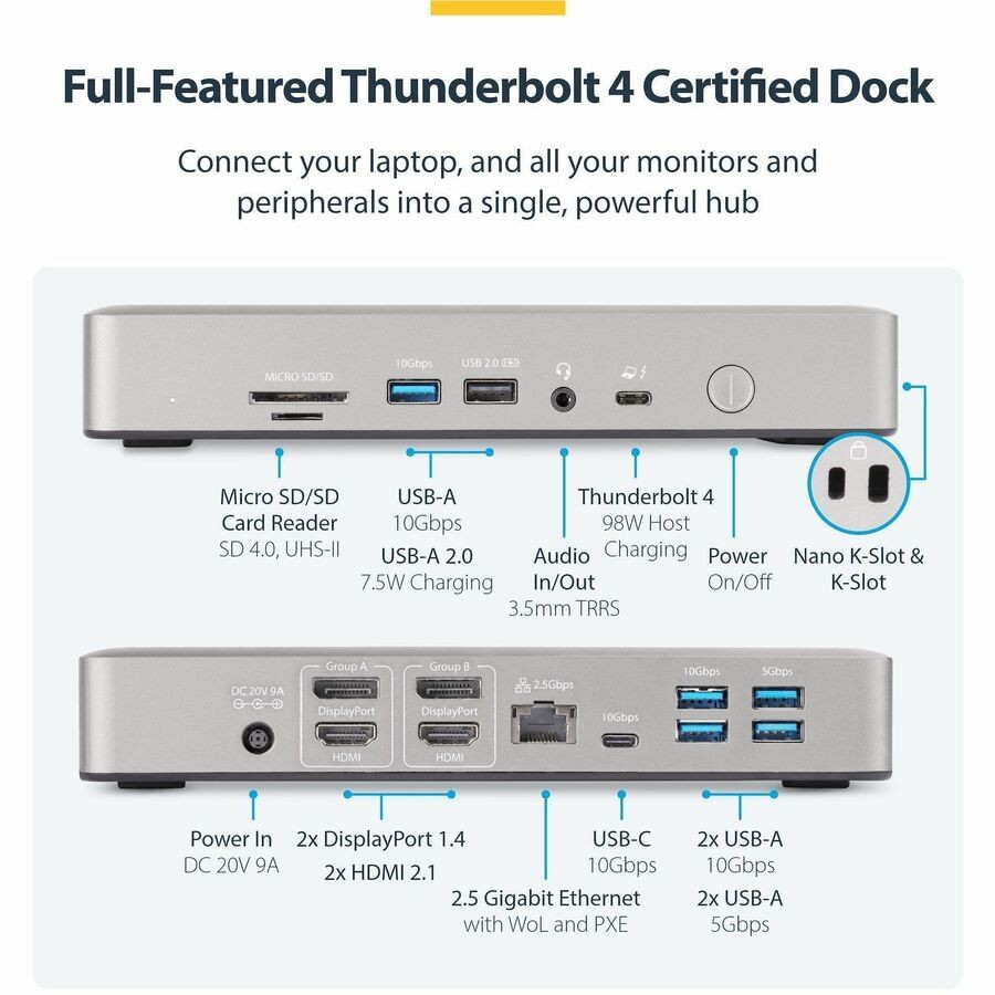 StarTech.com USB4 Thunderbolt 4 Dock 98W Quad Display HDMI/DP Mac/Win
