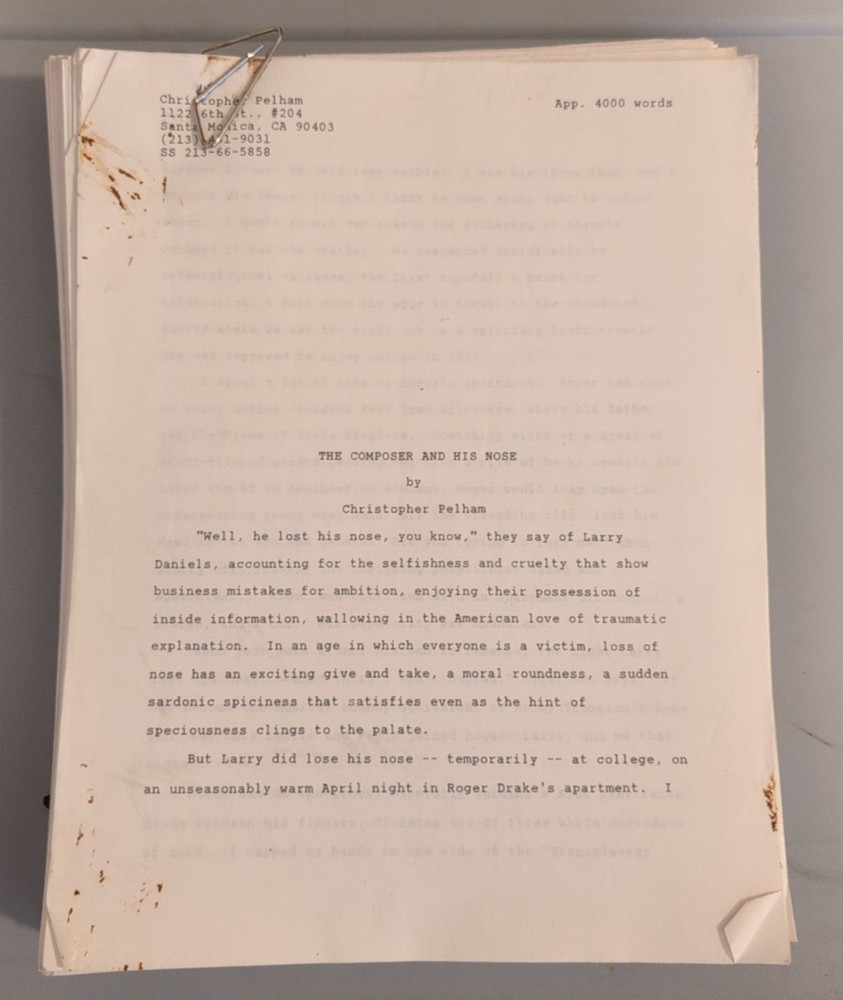 The Composer And His Nose Script  By Christopher Pelham 315 Pages (Listing #262)