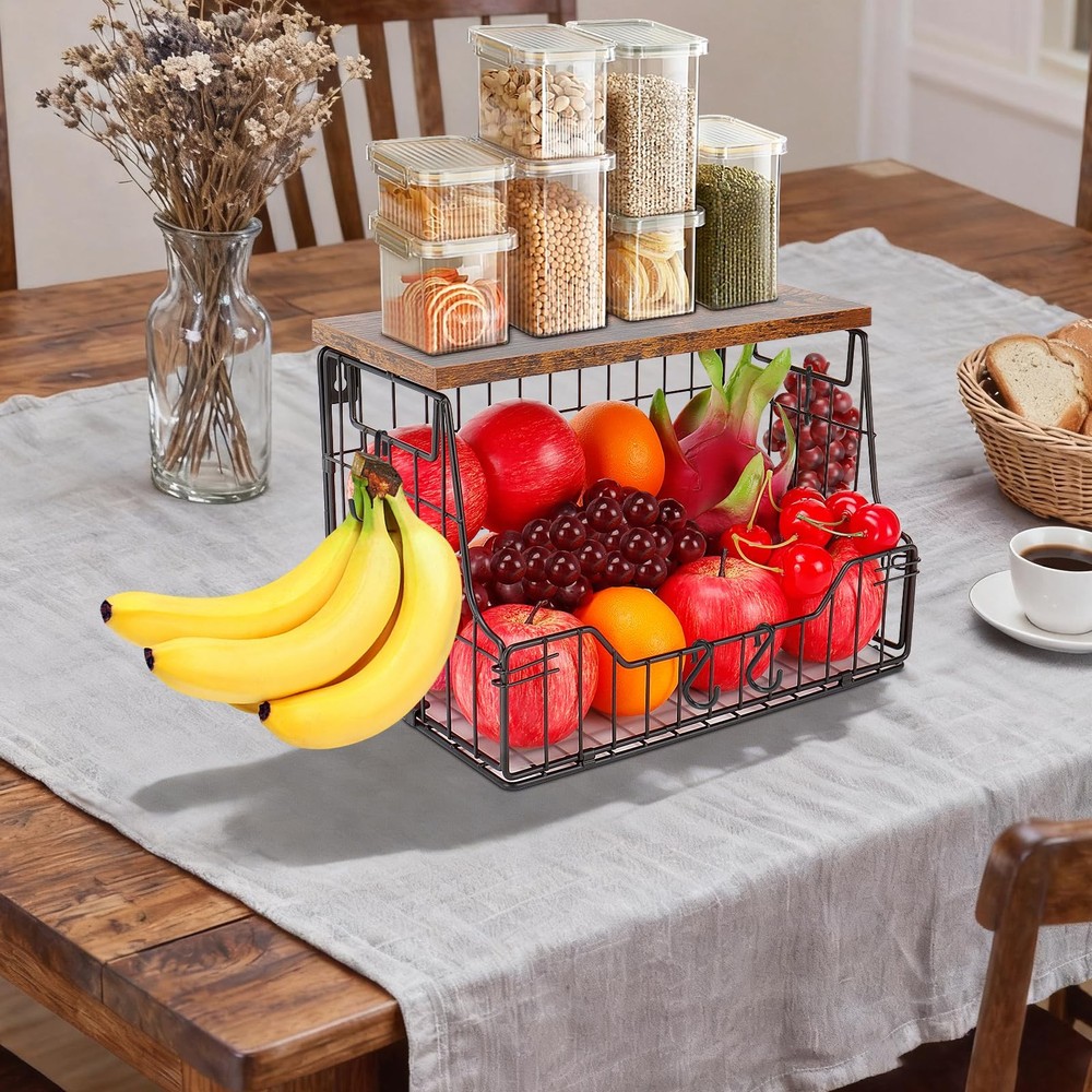 Fruit Basket for Kitchen, Metal Fruit Vegetable Storage Bin with 2 Banana Han...