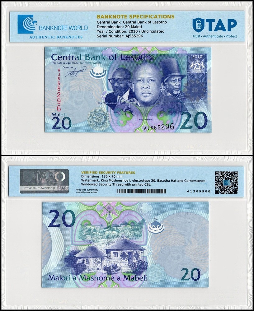 Lesotho 20 Maloti, 2010, P-22a, UNC, TAP Authenticated