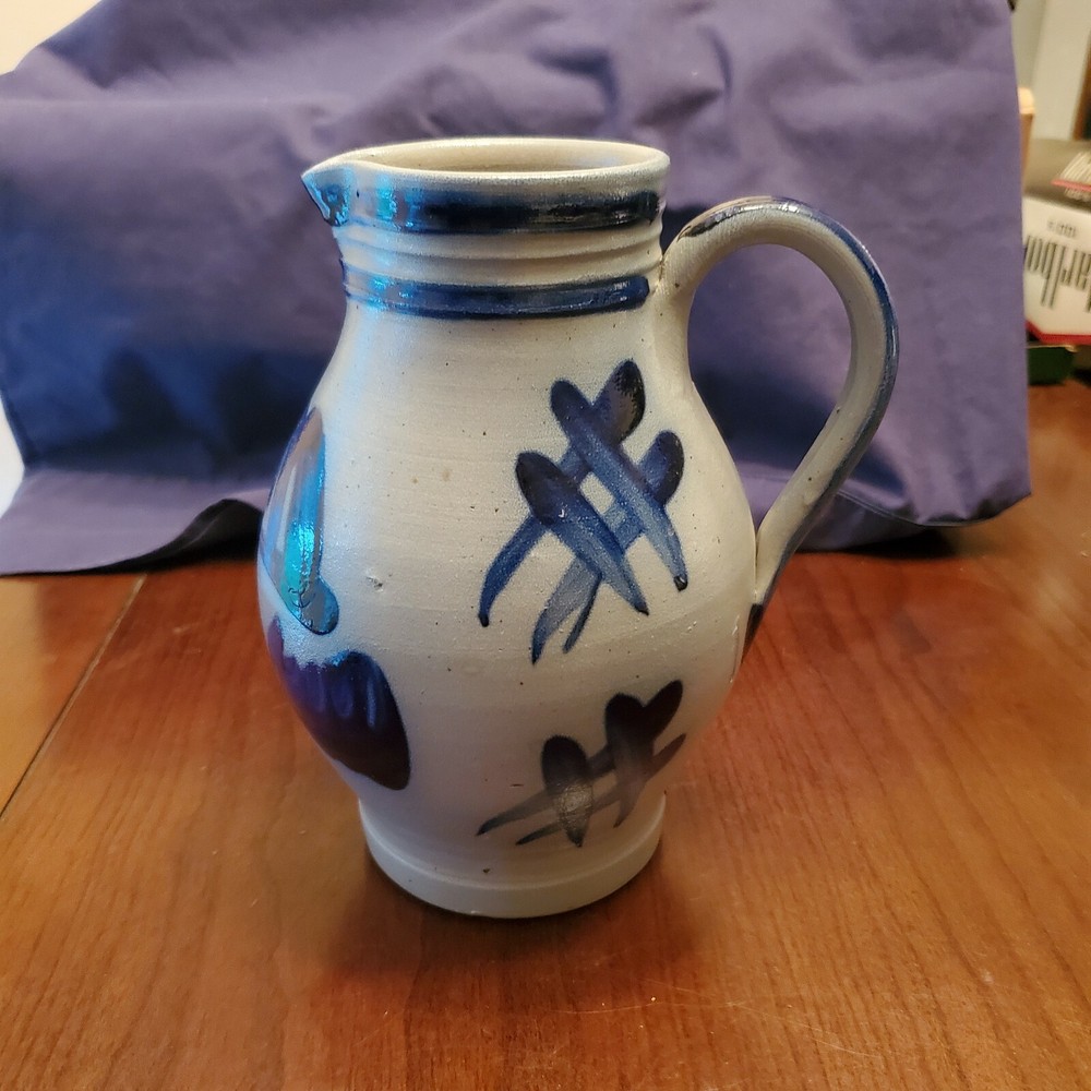 Vintage Salt Glazed Blue Handpainted Pitcher 7.25"