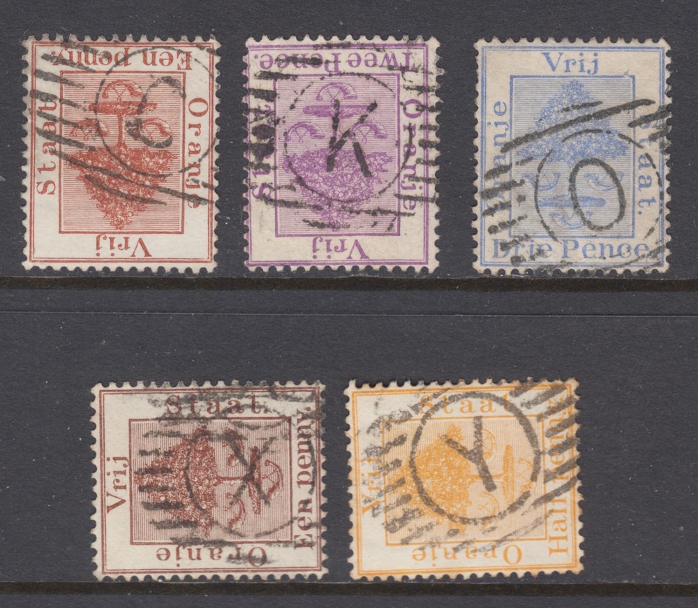 Orange Free State, 1868-1900 definitives, 5 diff with LETTERS in grid cancels