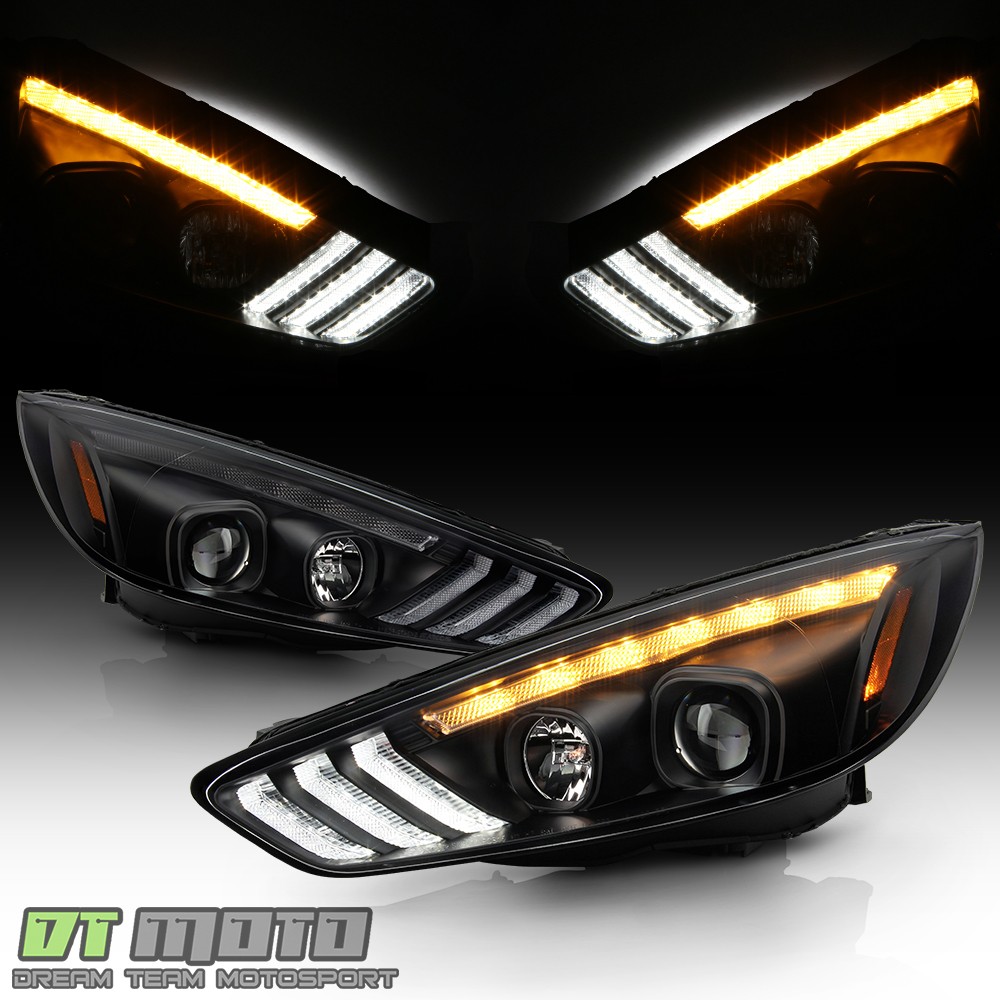 2015-2018 Ford Focus Halogen Type Black LED DRL Sequential Projector Headlights