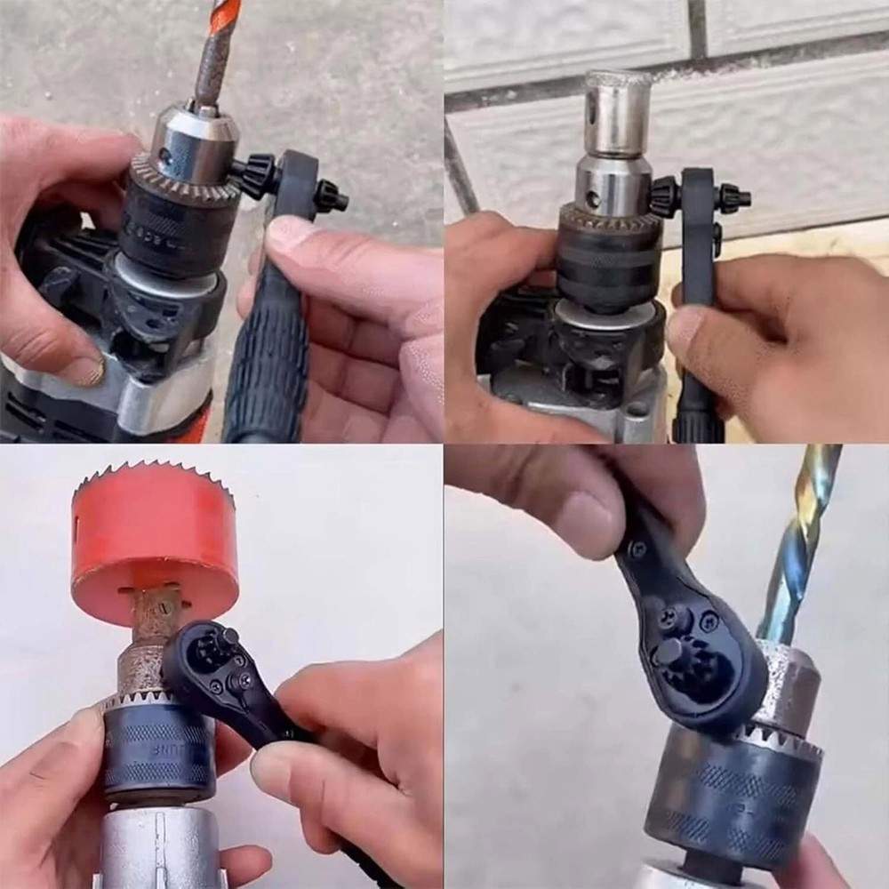Ratchet Action Drill Chuck Key 2-in-1 Universal Wrench Set with Three Socket