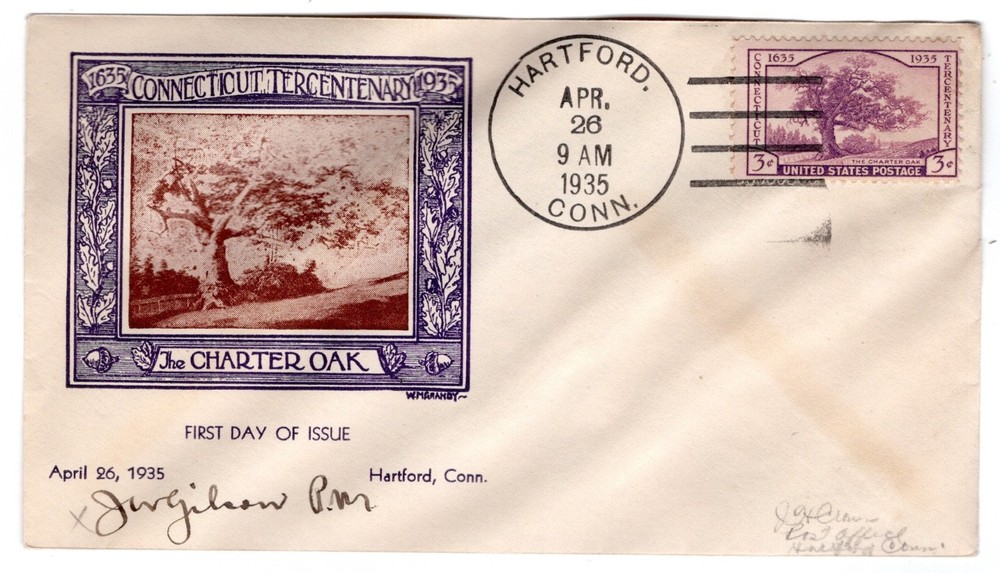 #772 Connecticut Tercentenary 1935 FDC -  1st Grandy Autographed Postmaster