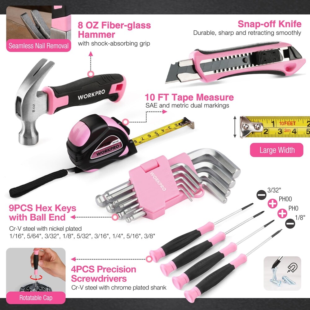 WORKPRO 8V Pink Cordless Drill Driver 43PCS Tool Set Lithium-ion Power Drill Bit