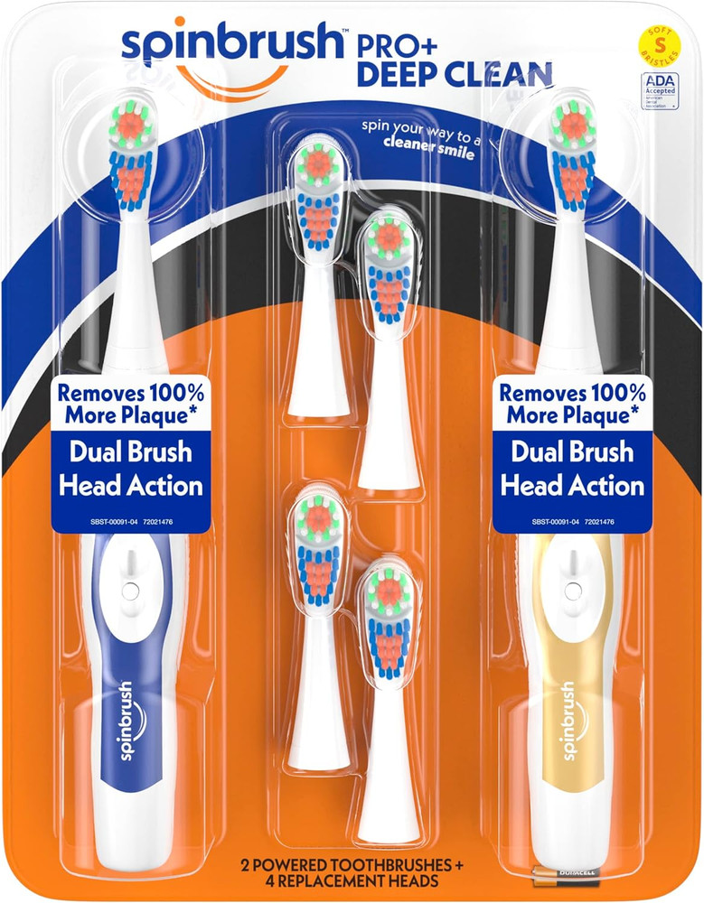 Spinbrush Pro+ Deep Clean Value Pack, Battery Toothbrush, 2 Soft Brushes Sealed