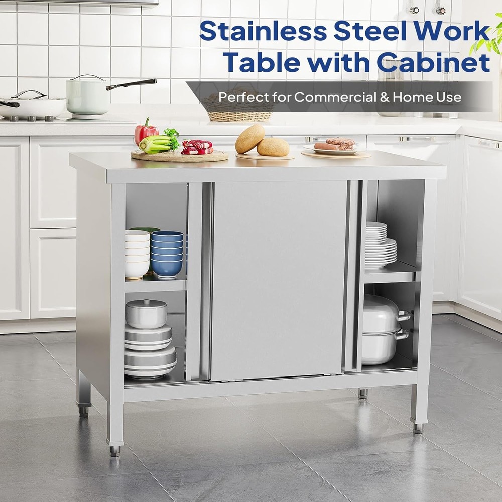 Stainless Steel Prep & Work Table with 2-Tier Cabinet & 2 Sliding Doors Silver