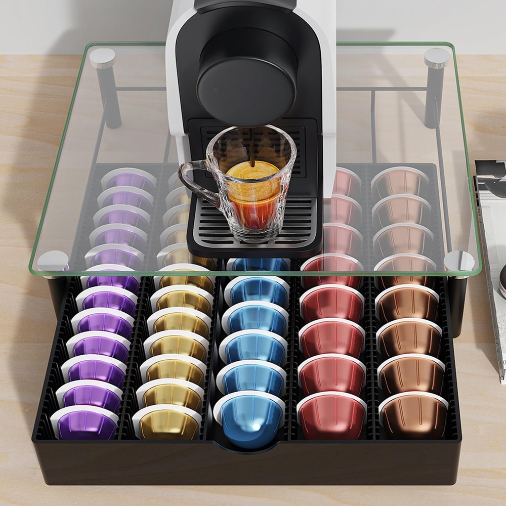 Coffee Pod Drawer Organizer with Tempered Glass Lid (Transparent Glass)