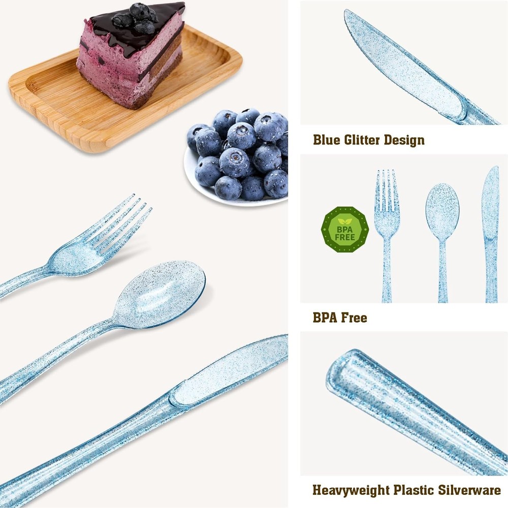 150 Pack Blue Plastic Silverware, Glitter Silverware 150,