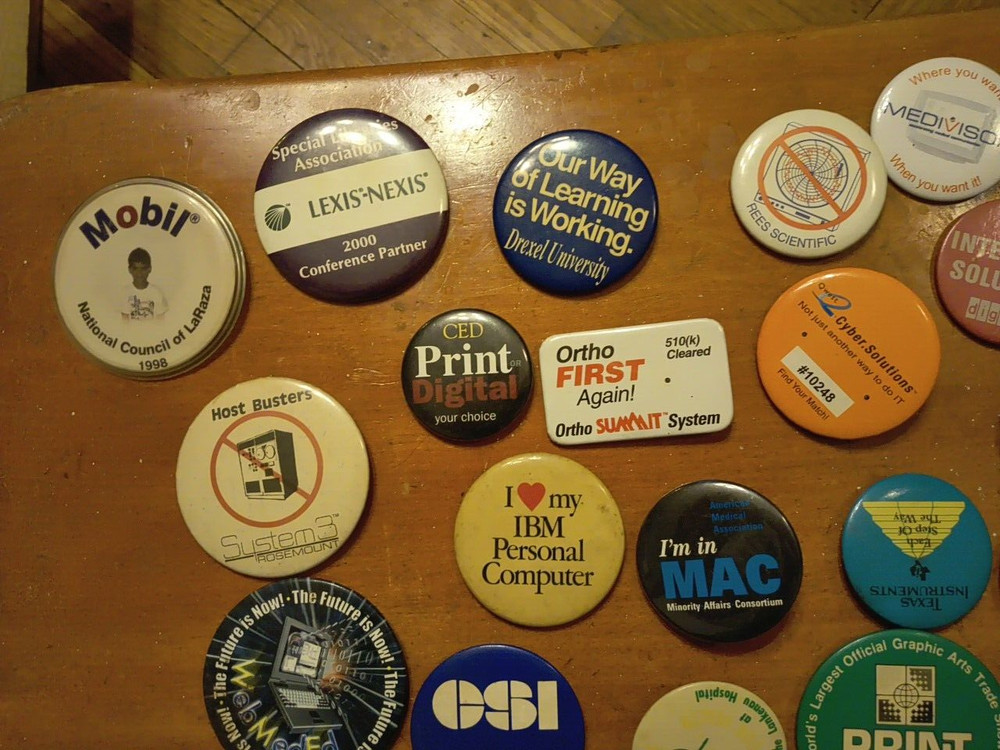 Vintage Early Computer Buttons Pins, Computer Tech Shows Lot