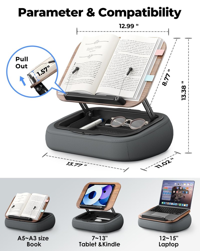 Lap Book Pillow Stand with Storage, Adjustable Beanbag Reading Pillow with Da...