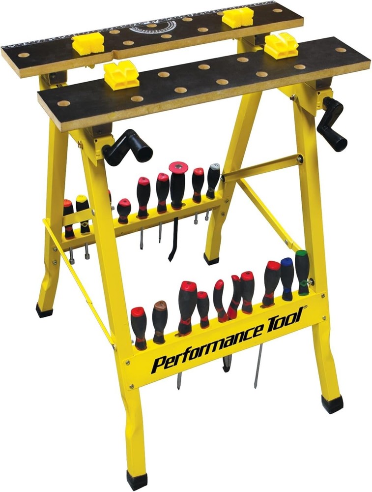 Multipurpose Folding Workbench with One-Handed Clamp & Printed Tabletop - Yellow