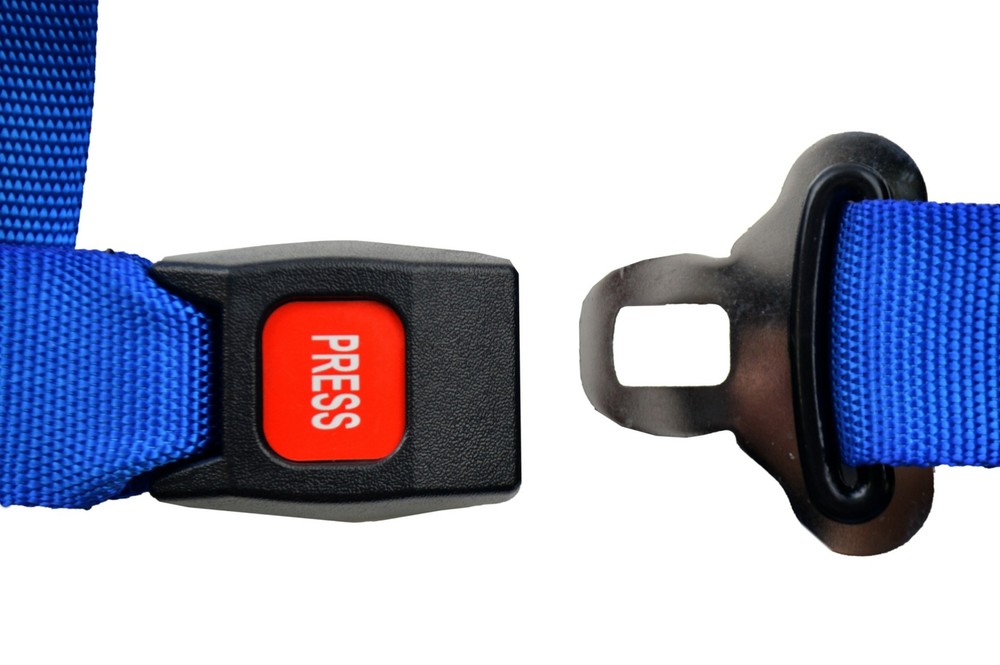 BLUE 4 POINT SEAT BELT HARNESS PULL DOWN LAP BELTS ROLL BAR MOUNT PUSH BUTTON