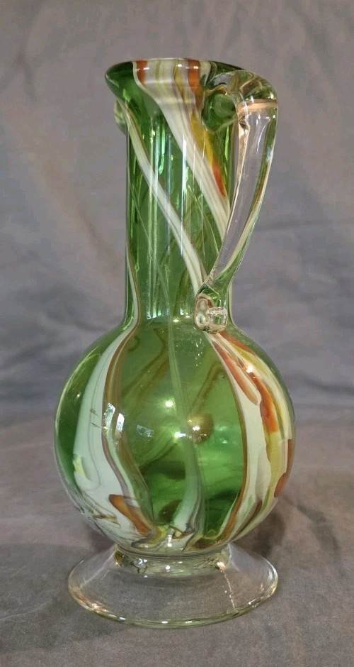 Hand Blown Green & Multicolored Glass Pitcher 6.5" Tall