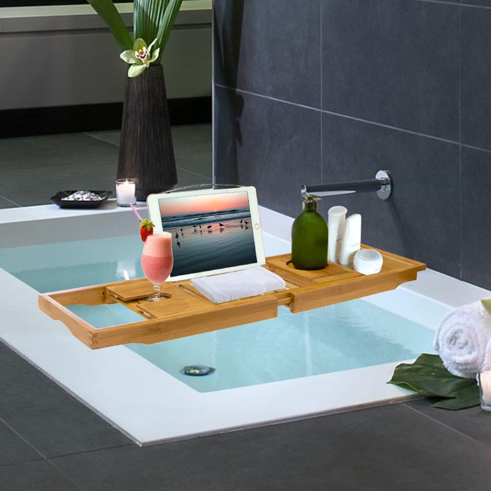 Bamboo Bathtub Caddy Tray Extendable Bath Organizer for Wine Glass Book