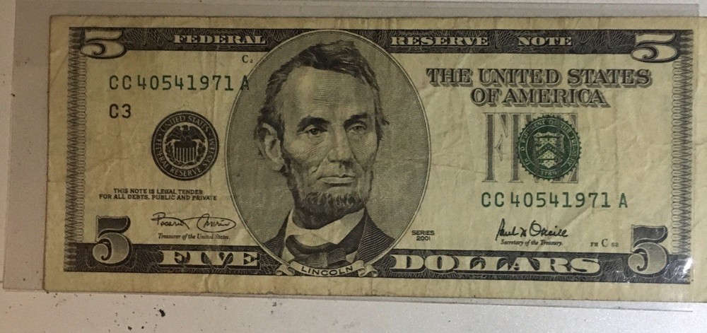2001 $5 Error  Off Print And Birthday Note. A Rare Error Combo