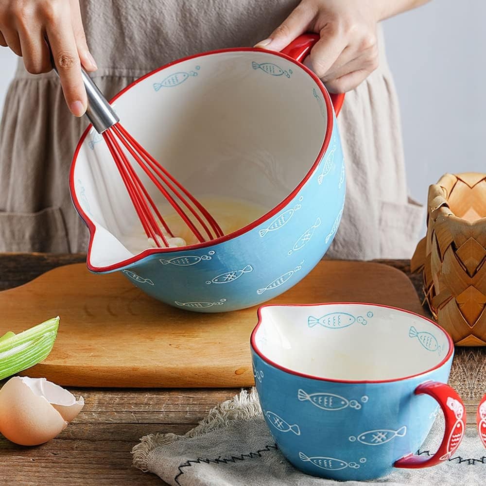 Gaolinci Blue Fish Pattern Kitchen Ceramic Mixing Bowl, 1 Quart Large Bowl, with