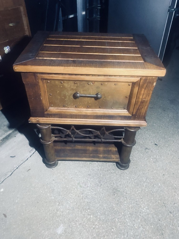 Rustic Solid Wood End Table w/ Storage Drawer & Brass Front – Vintage Spanish