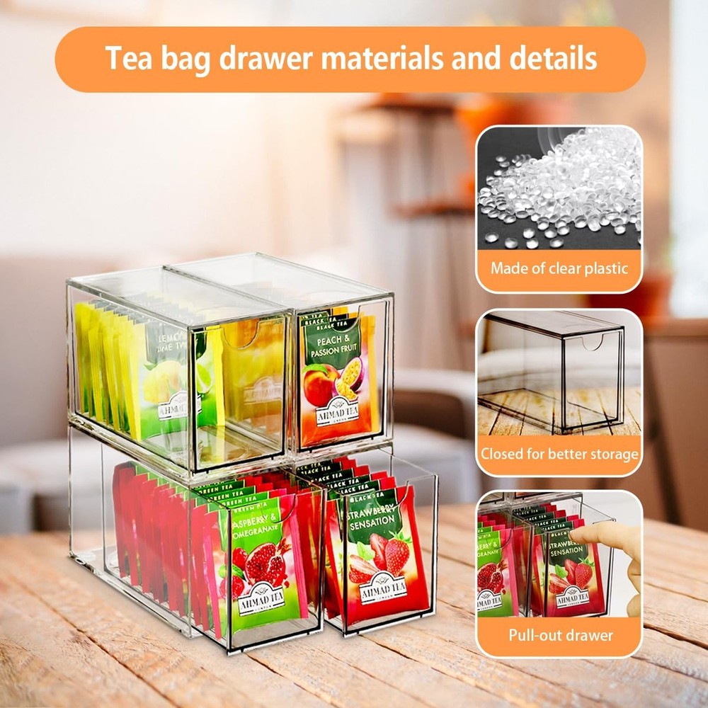 4 Pack Tea Bag Drawers Organizer, Clear Plastic Stackable Tea Organizers and ...