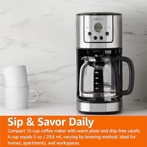 Amazon Basics Programmable Coffeemaker with Carafe and Reusable Filter, Stainles