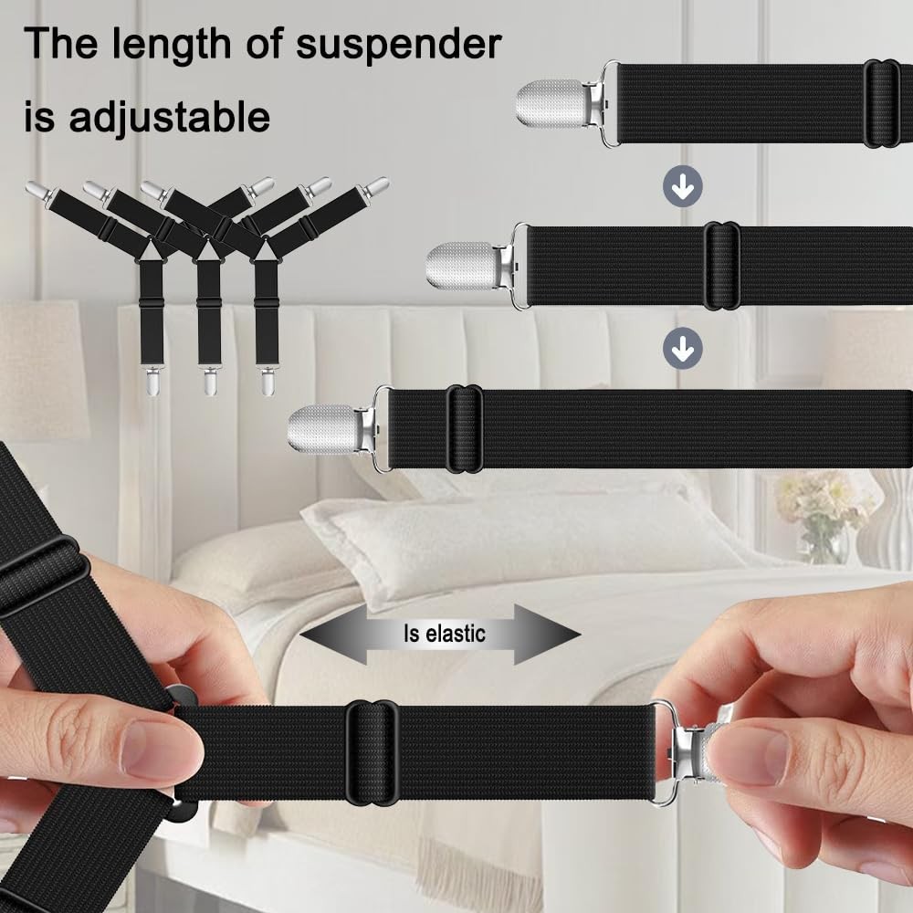 Sheet Corner Holders, Upgraded Elastic Straps with Nickel Plated Clips, Black