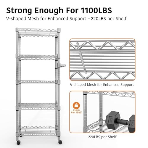 5-Tier Metal Storage Shelves, Adjustable Wire Shelving Units with Side Handle