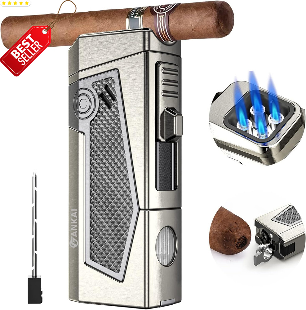 4 Jet Torch Cigar Lighter Butane Refillable Punch Holder Gift Box - US