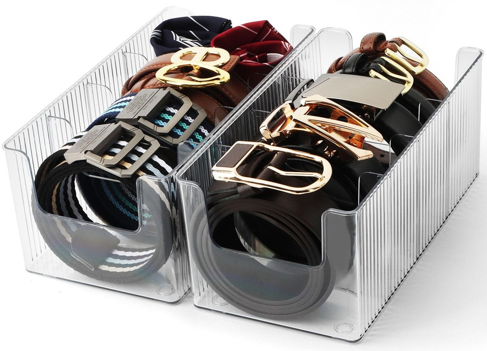 2 Pack Acrylic Belt Organizer, 4 Adjustable Compartments, Stackable, Clear