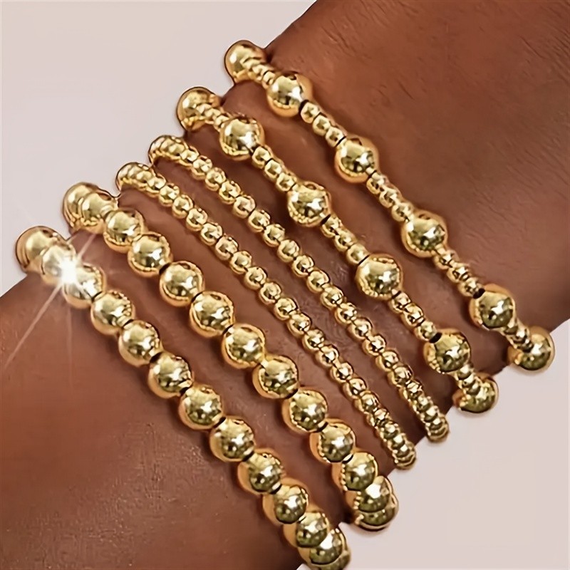 Gold Beaded Stretch Bracelet Set – 6 PCS | Women’s Stackable Layered+