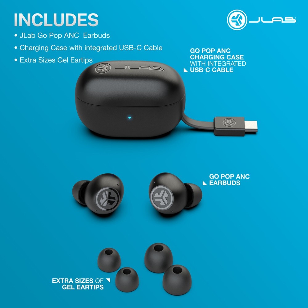 JLab Go Pop ANC True Wireless Earbuds, 24+ Hour Playtime, iOS/Android