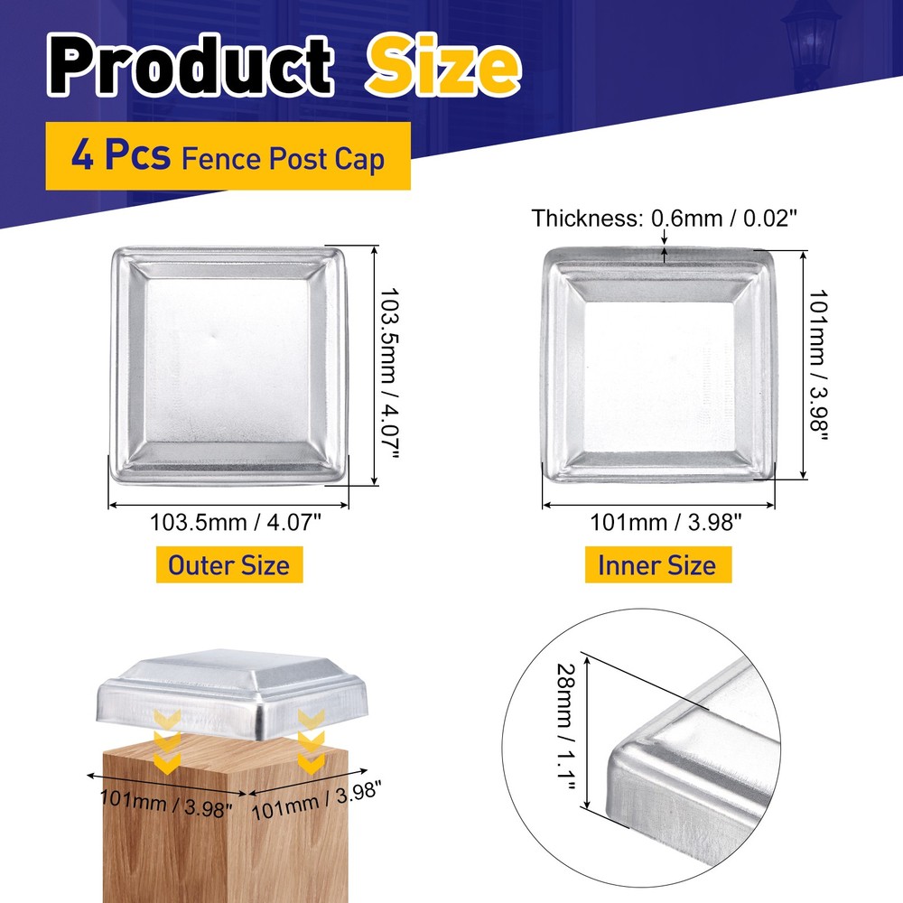 4Pcs Fence Post Cap, Galvanized Deck Post Caps Fit 4" x 4" Pipe, Silver