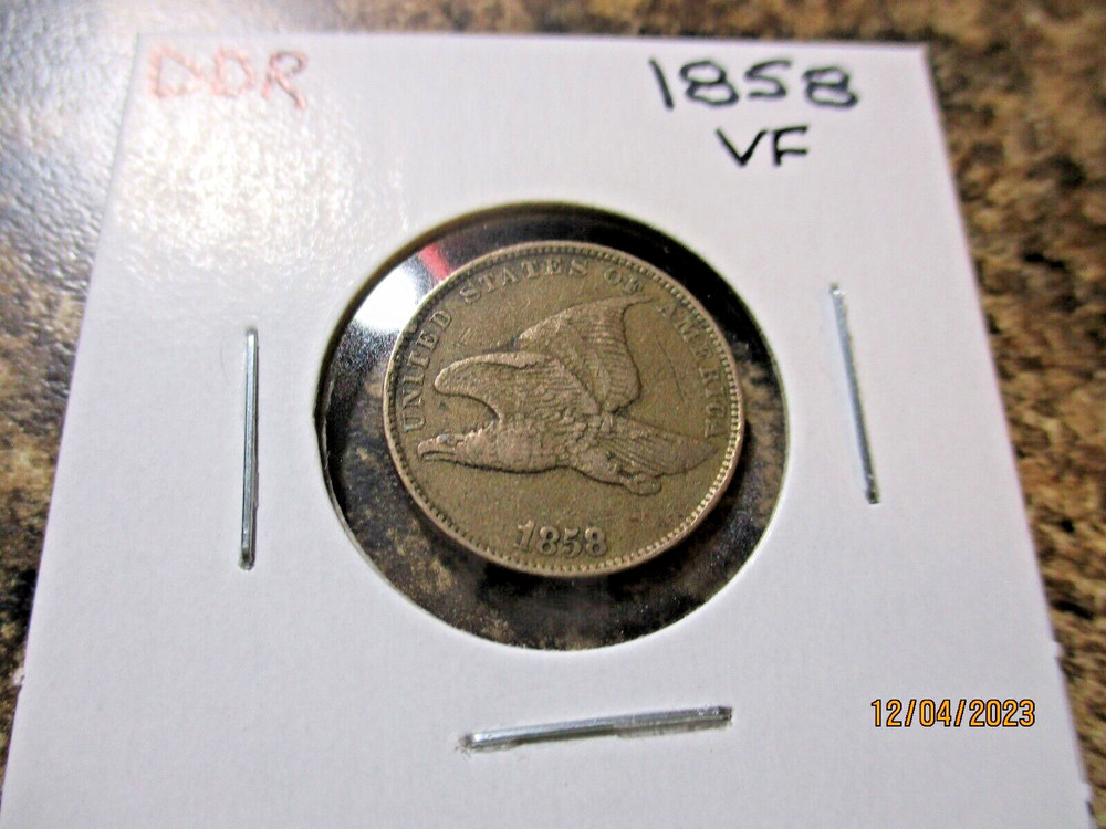 1858 FLYING EAGLE CENT WITH MACHINE DOUBLE DIE REVERSE VF 456