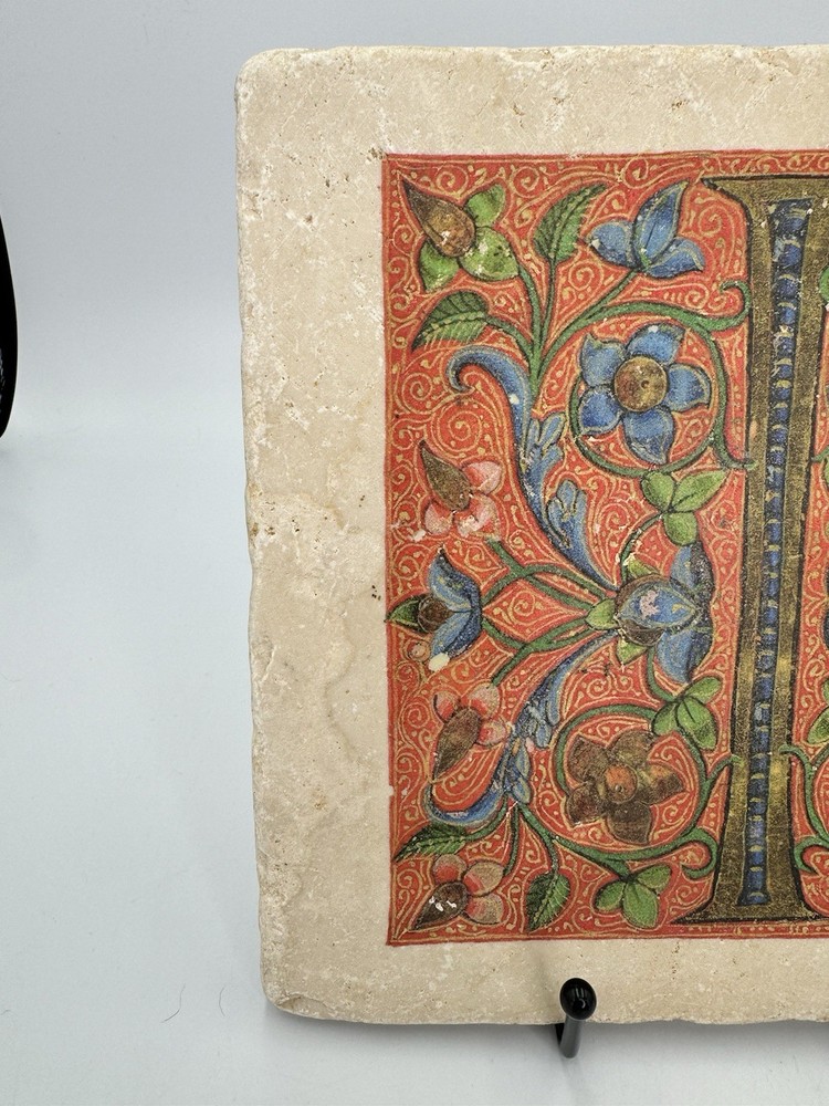 Vatican Library Illuminated Manuscript Letter I Stone Tile Plaque Medieval Decor