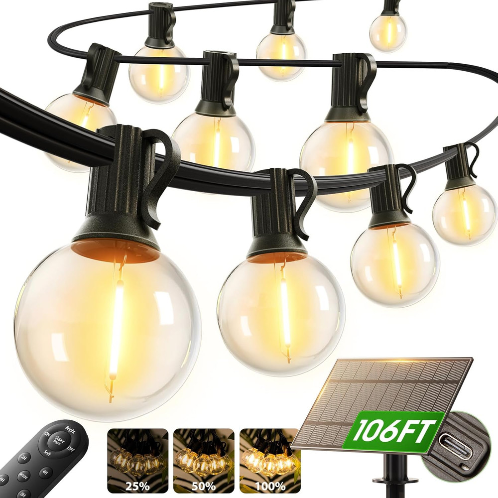 100FT Solar String Lights Outdoor with Remote, 54 LED Shatterproof Bulbs, Dimmab