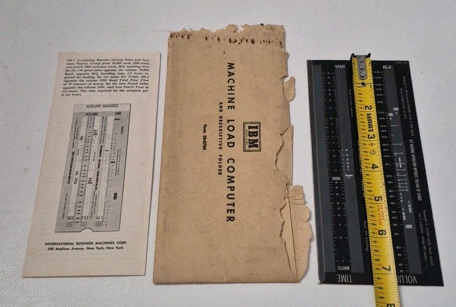IBM Machine Load Computer & Descriptive Folder Slide Ruler 3 Pieces USA Vintage