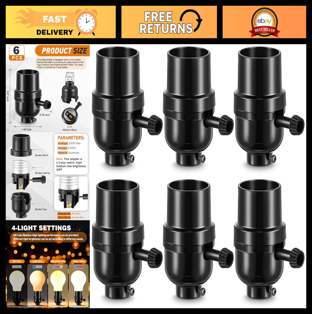 6 Pcs E26 3-Way Lamp Socket Replacement, UL Listed, Turn Switch for Table/Floor