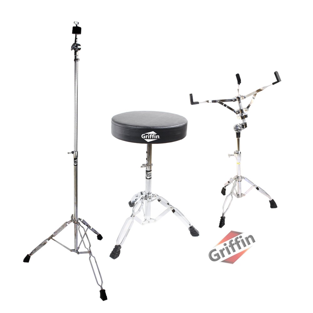 GRIFFIN 3-PACK Drum Throne, Snare Stand & Cymbal Stand Percussion BUNDLE Mount