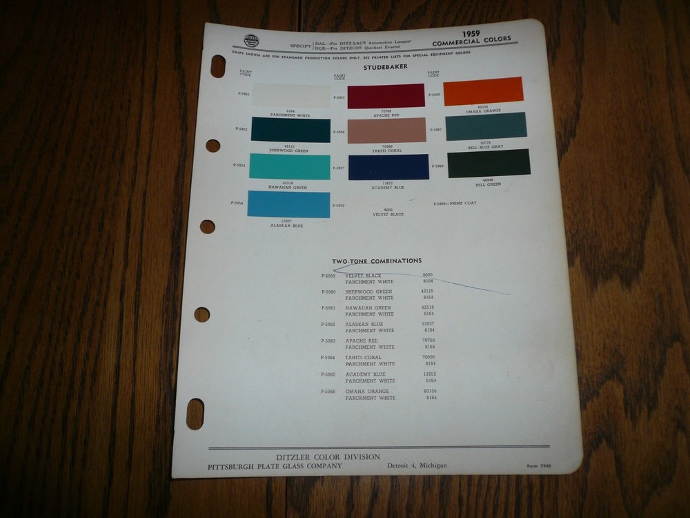 1959 Studebaker Ditzler PPG Commercial Color Chips - Vintage