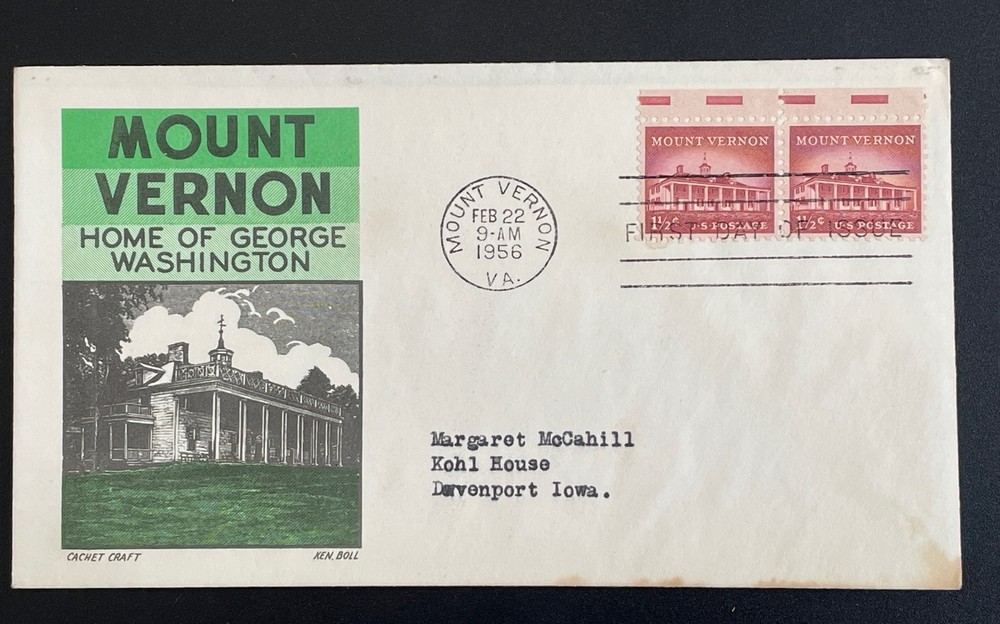 US FDC #1032 Mount Vernon Pair; Cachet by Ken Boll; Postmark: Mount Vernon