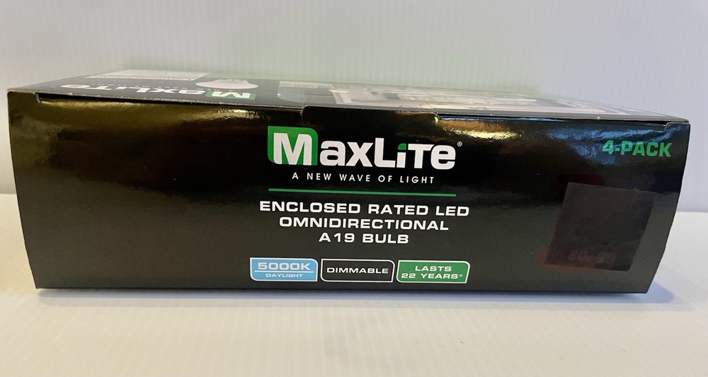 4 PACK OF MAXLITE 8W LED BULBS, A19, DAYLIGHT 5000K, DIMMABLE, 800 LUMENS, 60W