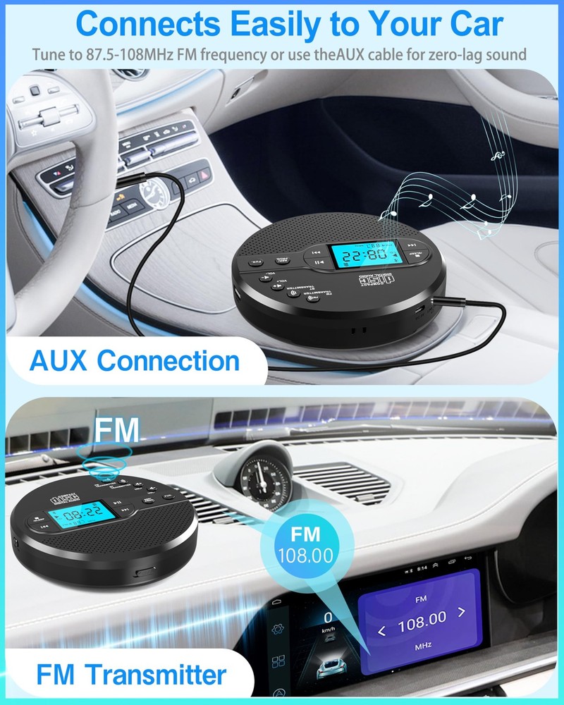 Portable CD Player with Bluetooth, Walkman CD Player with FM Transmitter and Spe